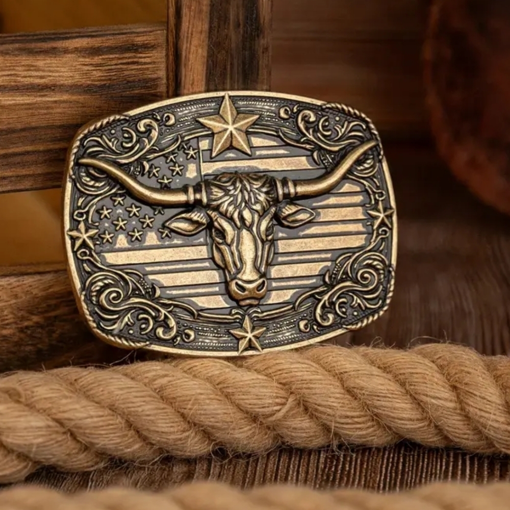 NEW Bronze Western Longhorn Steer Belt Buckle American Flag Cowboy Rodeo USA